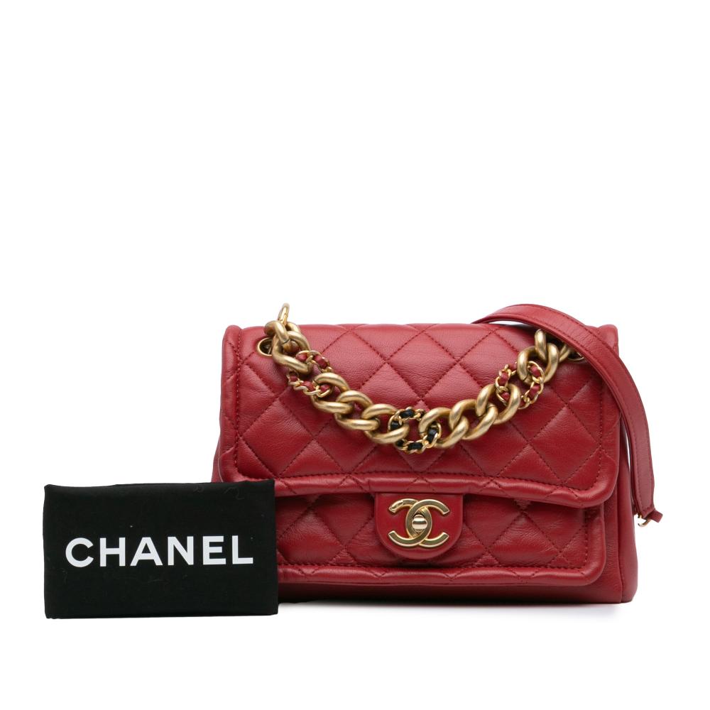 Chanel B Chanel Red Lambskin Leather Leather Small Quilted Lambskin Chain Link Flap Italy