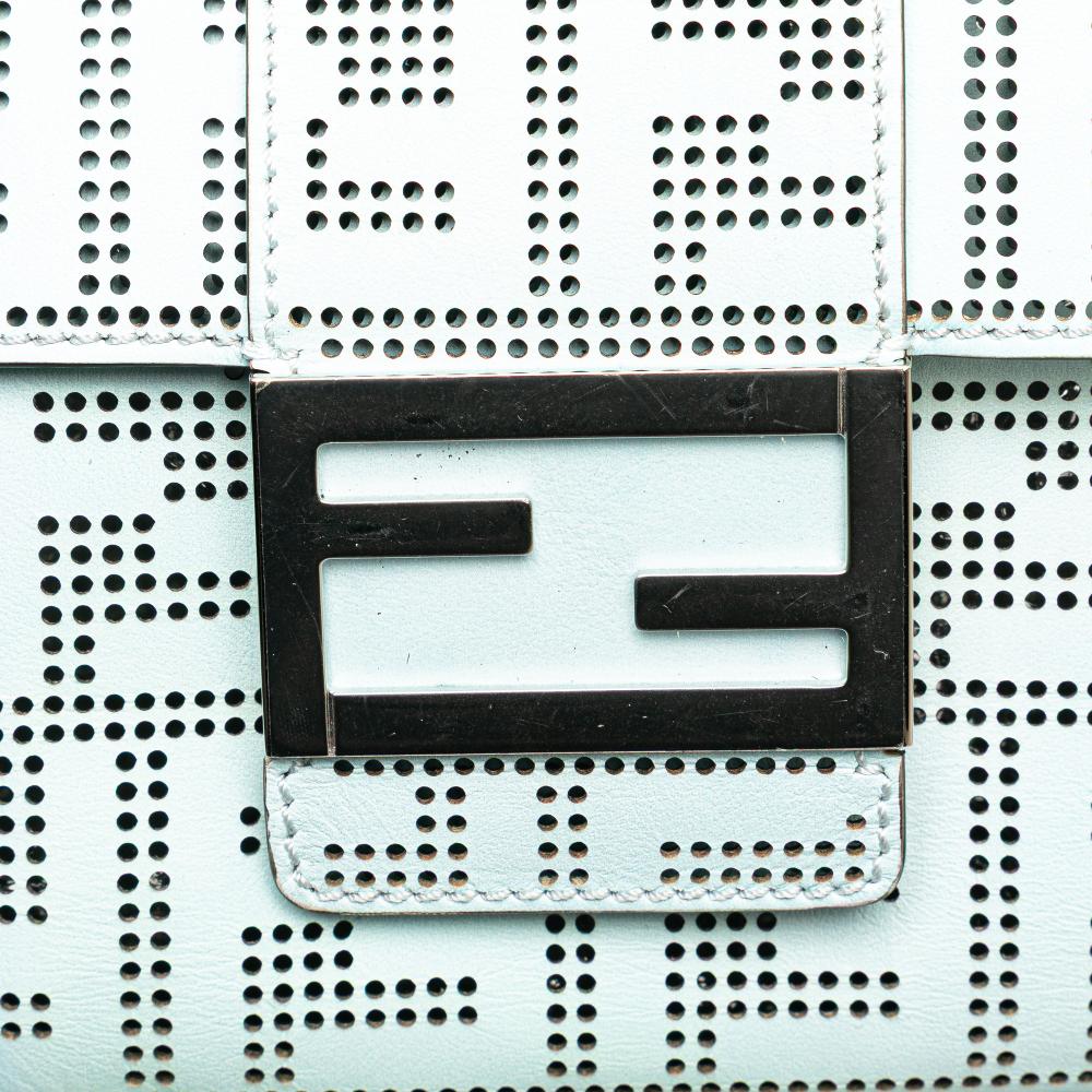 Fendi B Fendi Blue Light Blue Calf Leather Medium Zucca Perforated Baguette Messenger Bag Italy