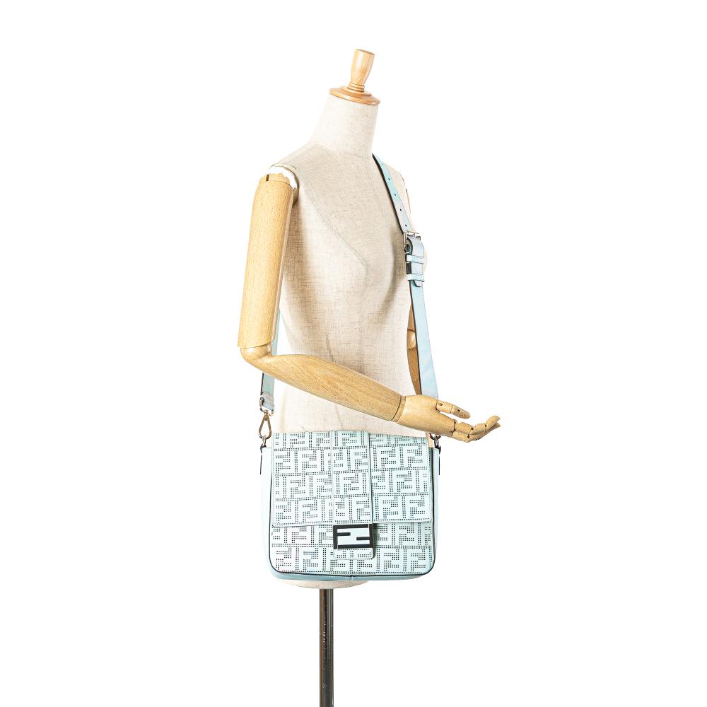 Fendi B Fendi Blue Light Blue Calf Leather Medium Zucca Perforated Baguette Messenger Bag Italy