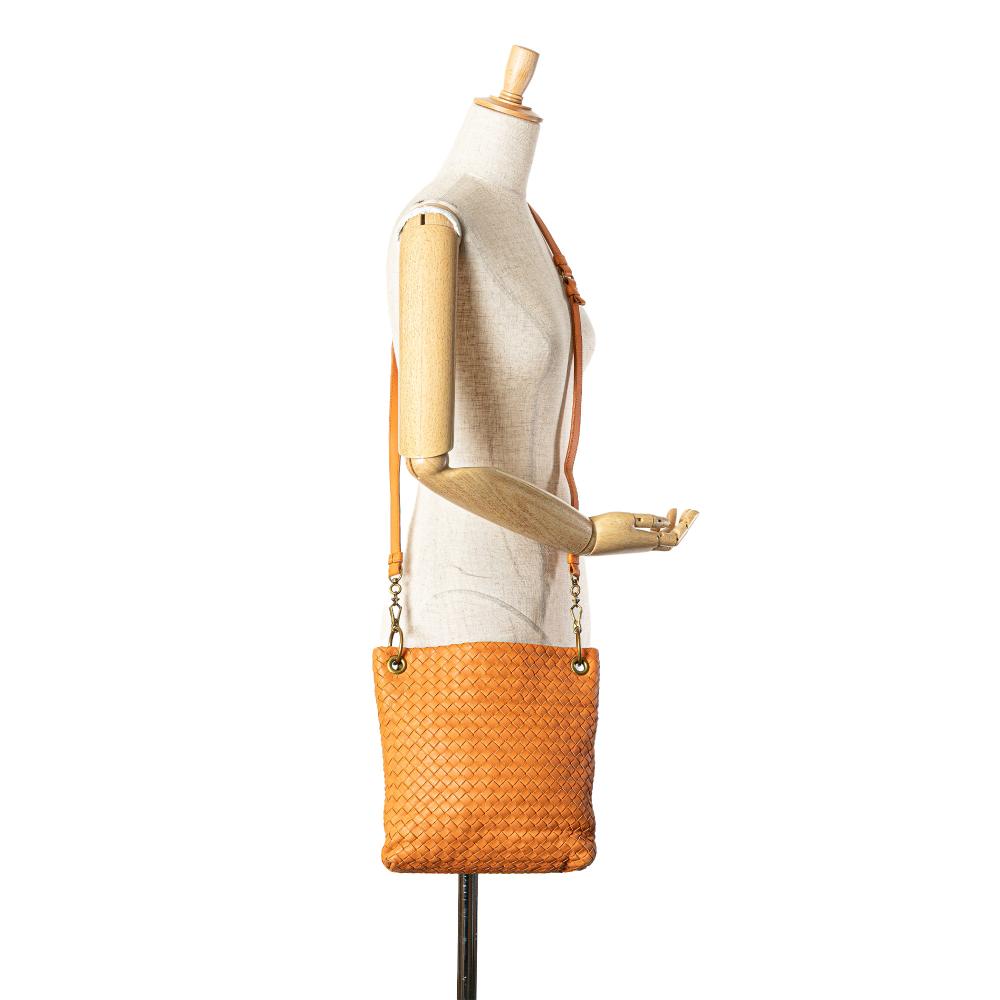 Bottega Veneta B Bottega Veneta Orange Calf Leather Intrecciato Crossbody Italy