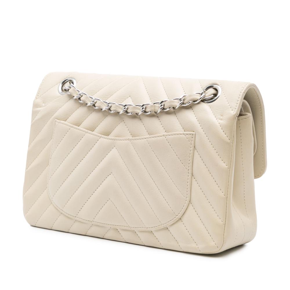 Chanel B Chanel White Off White Lambskin Leather Leather Small Classic Chevron Lambskin Double Flap France