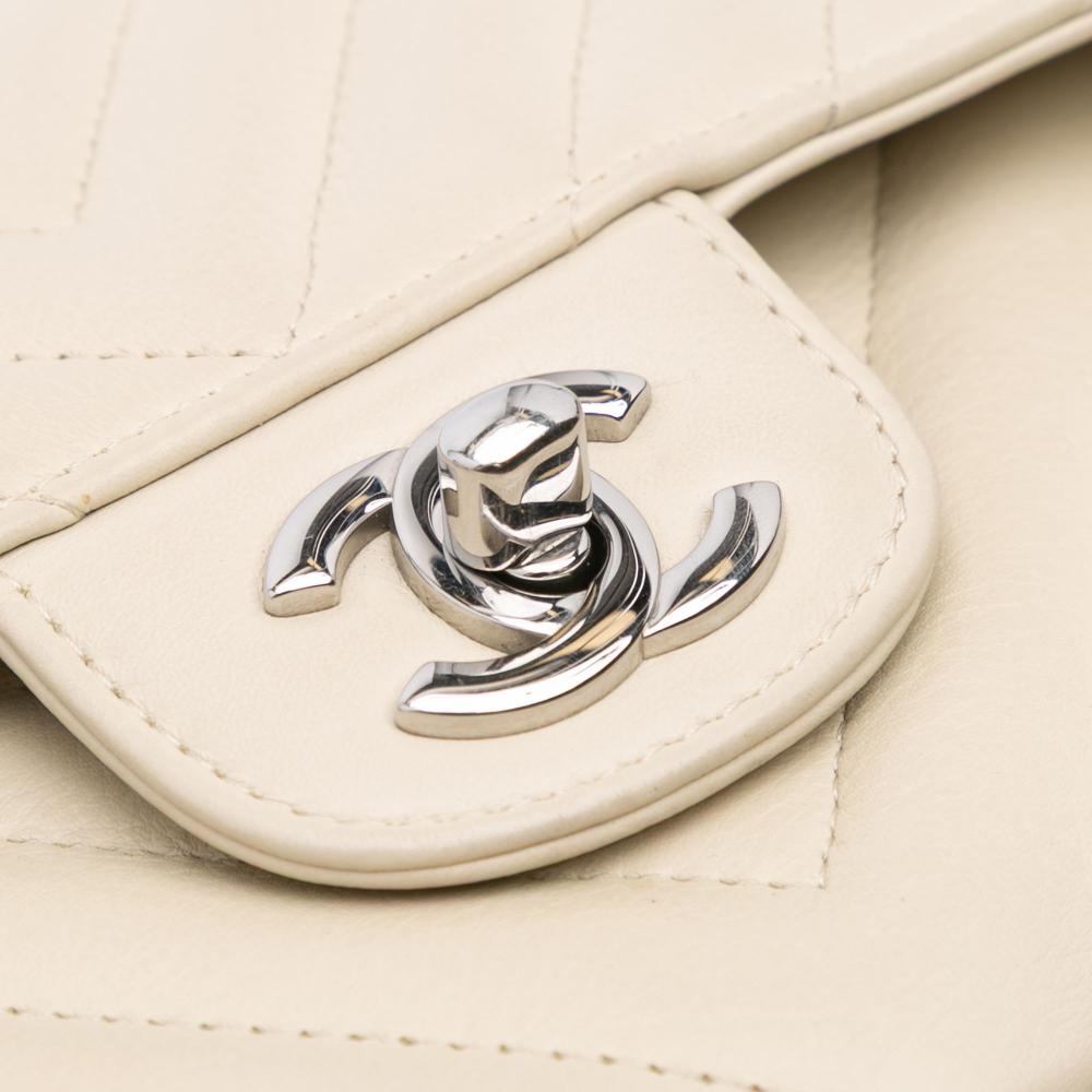 Chanel B Chanel White Off White Lambskin Leather Leather Small Classic Chevron Lambskin Double Flap France