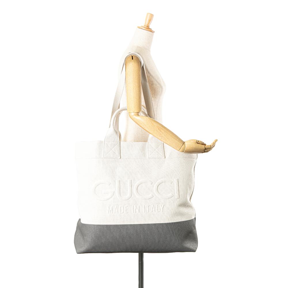 Gucci AB Gucci White with Gray Canvas Fabric Embossed Logo Tote Italy