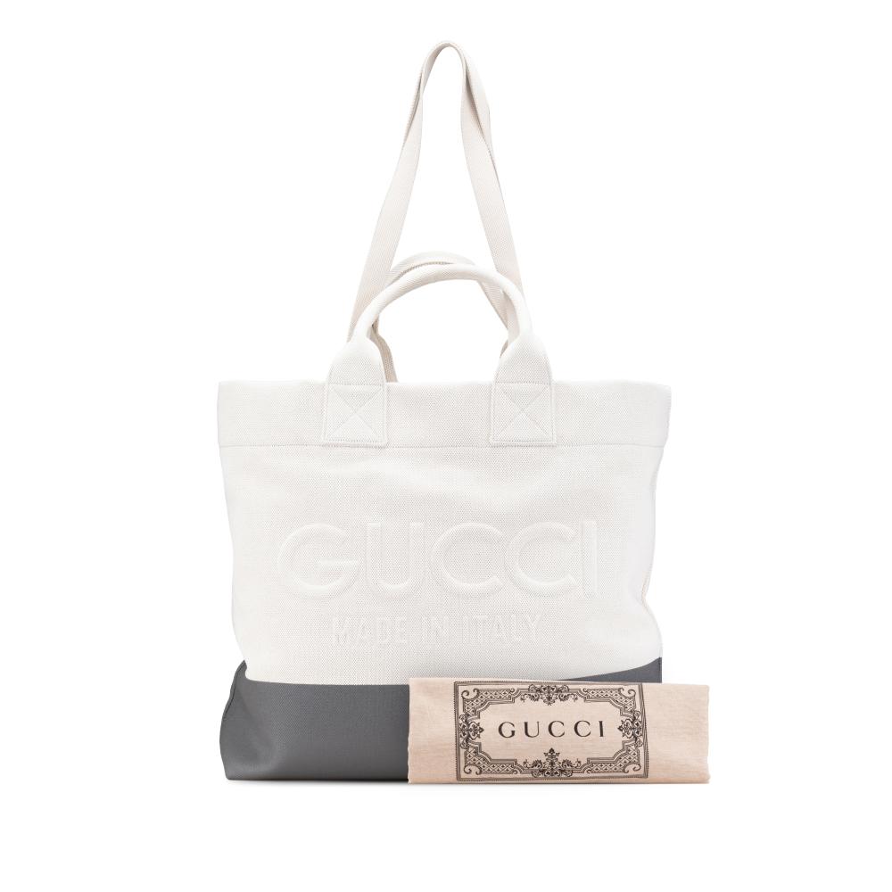 Gucci AB Gucci White with Gray Canvas Fabric Embossed Logo Tote Italy