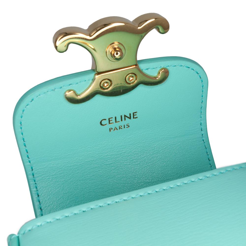 Celine B Celine Blue Turquoise Calf Leather Triomphe AirPods Case with Strap Italy