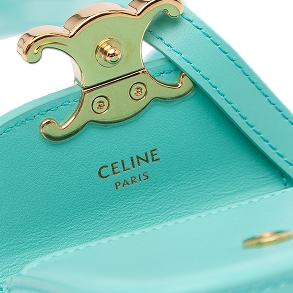 Celine B Celine Blue Turquoise Calf Leather Triomphe AirPods Case with Strap Italy