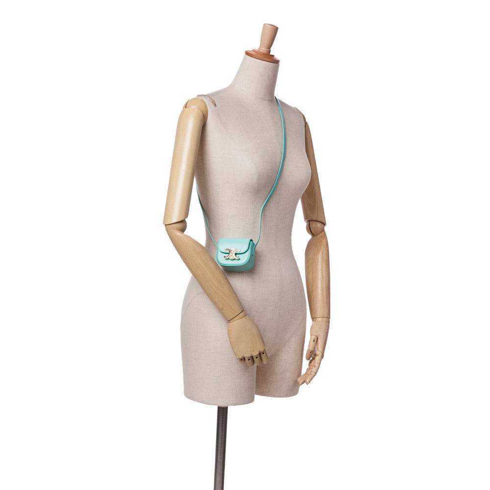 Celine B Celine Blue Turquoise Calf Leather Triomphe AirPods Case with Strap Italy