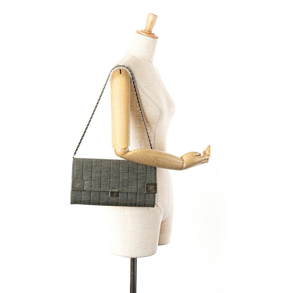 Chanel B Chanel Gray Denim Fabric CC Choco Bar Chain Flap France