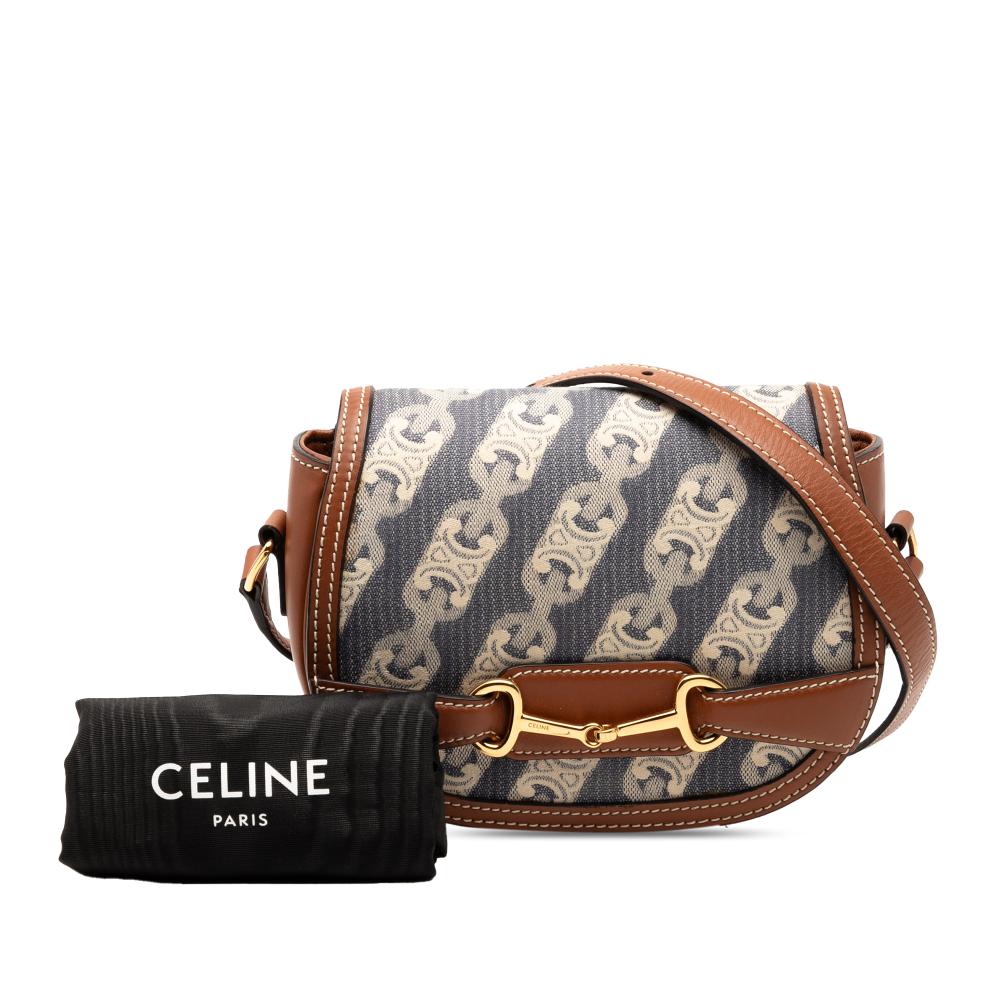 Celine AB Celine Blue with Brown Jacquard Fabric Small Maillon Triomphe and Calfskin Crecy Crossbody Italy
