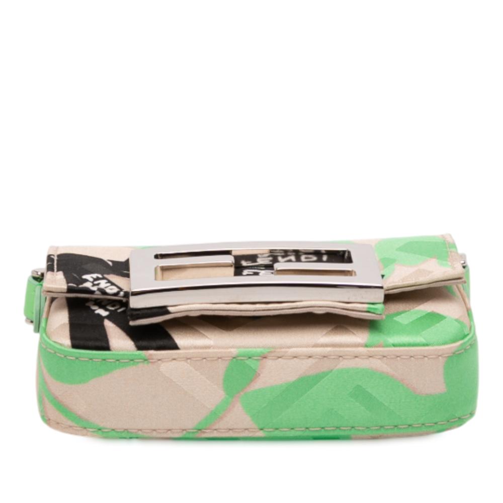 Fendi AB Fendi Brown Beige with Green Satin Fabric Nano Charm Baguette Italy