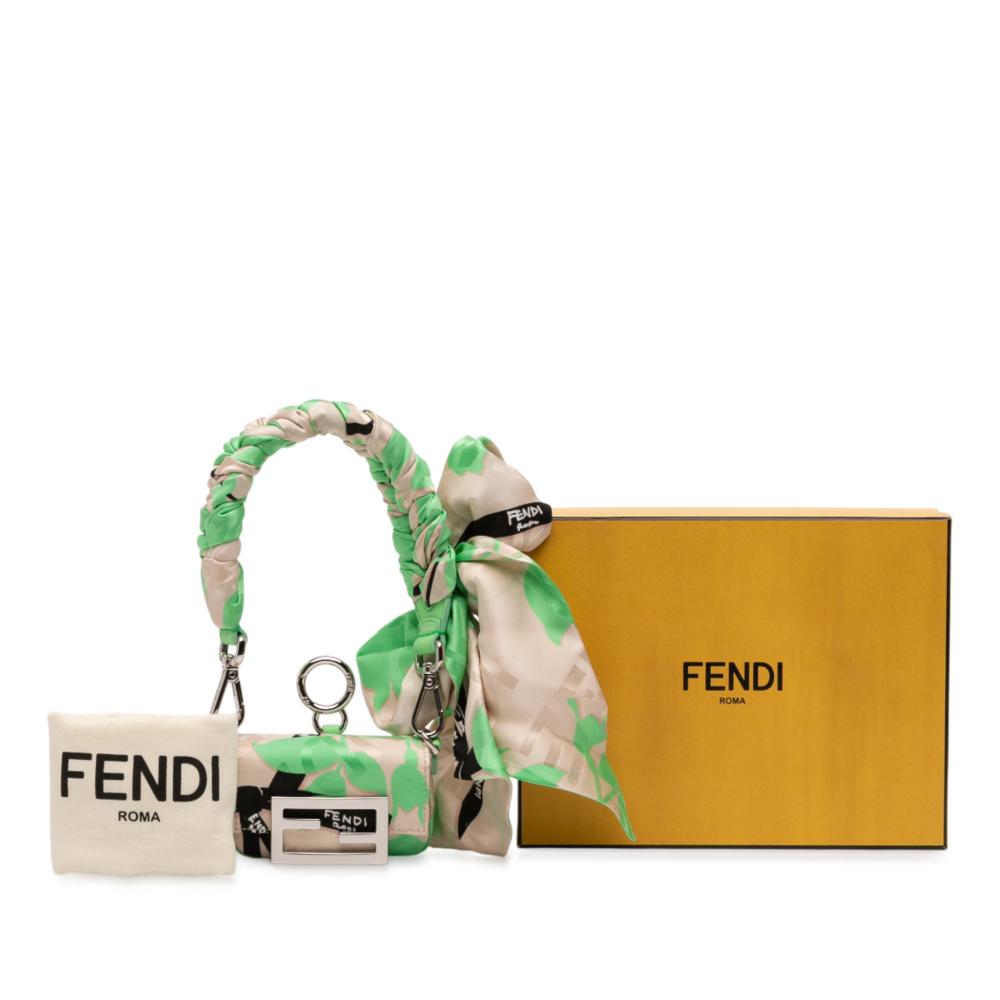 Fendi AB Fendi Brown Beige with Green Satin Fabric Nano Charm Baguette Italy