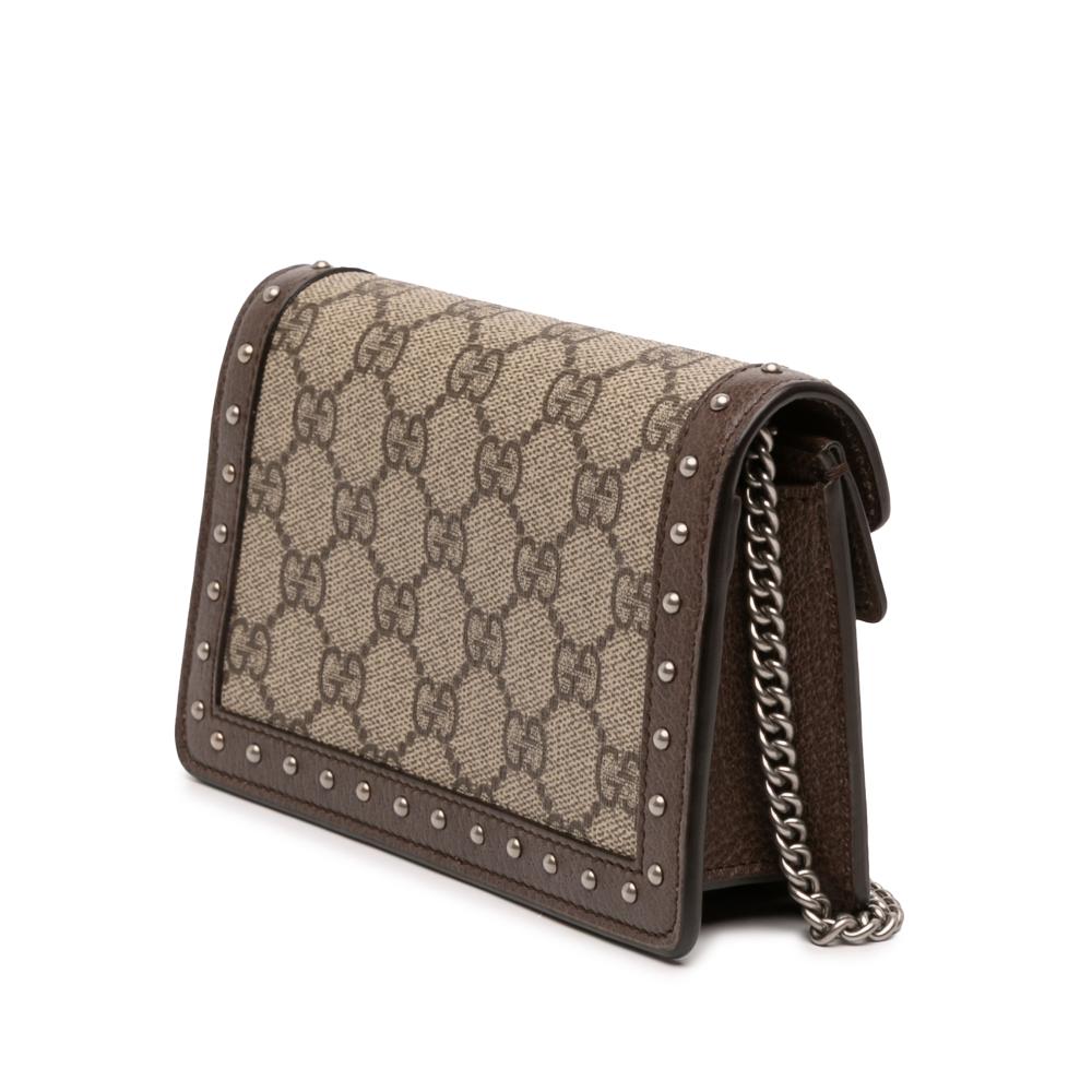 Gucci AB Gucci Brown Beige Coated Canvas Fabric Mini GG Supreme Studs Dionysus Crossbody Italy