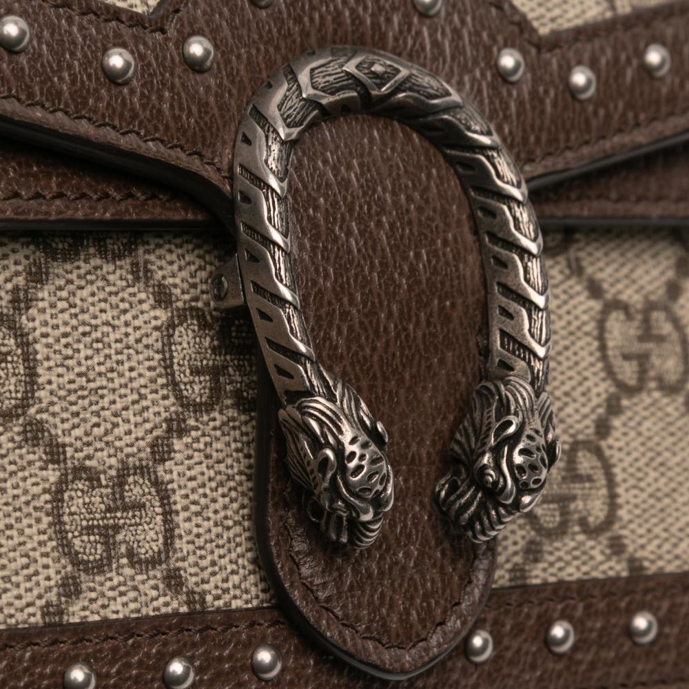 Gucci AB Gucci Brown Beige Coated Canvas Fabric Mini GG Supreme Studs Dionysus Crossbody Italy