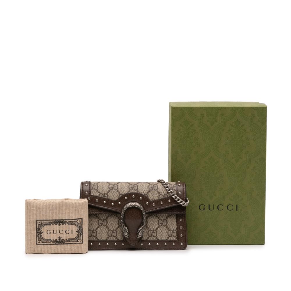 Gucci AB Gucci Brown Beige Coated Canvas Fabric Mini GG Supreme Studs Dionysus Crossbody Italy