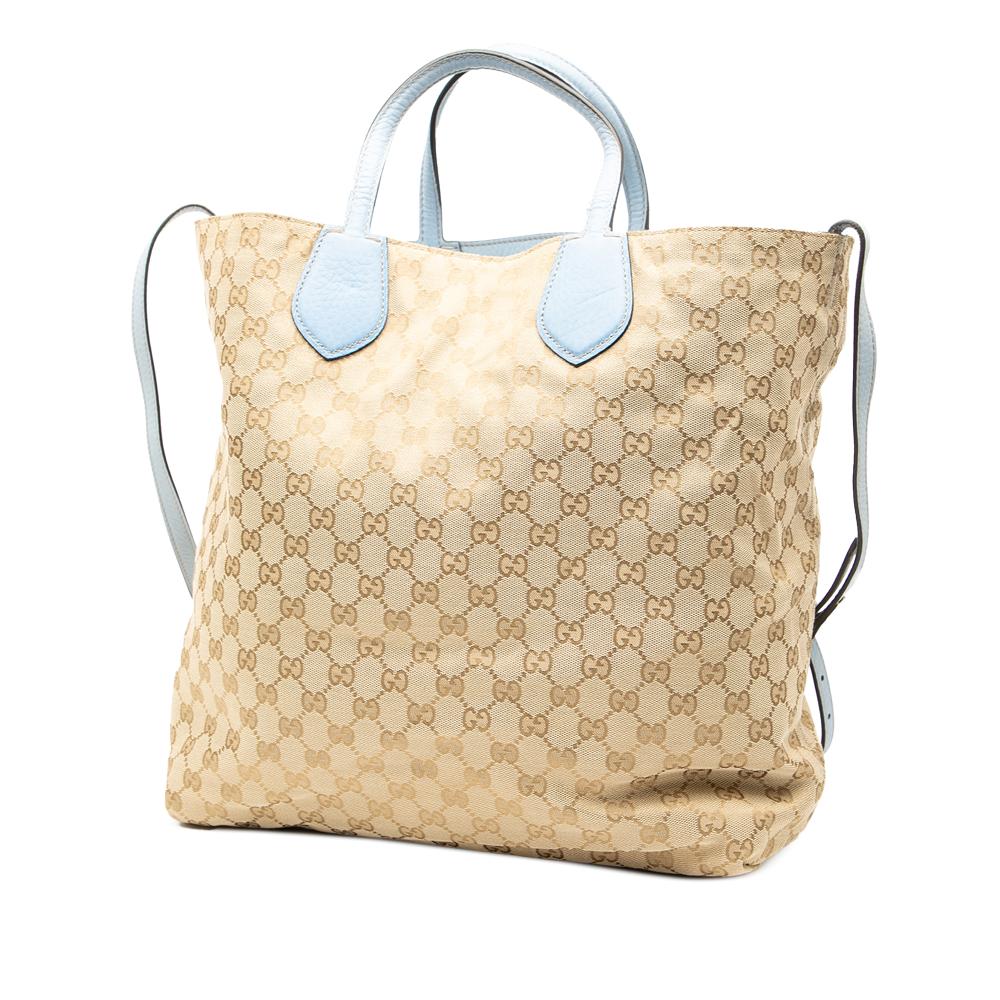 Gucci B Gucci Brown Beige with Blue Light Blue Canvas Fabric GG Reversible Tote Italy