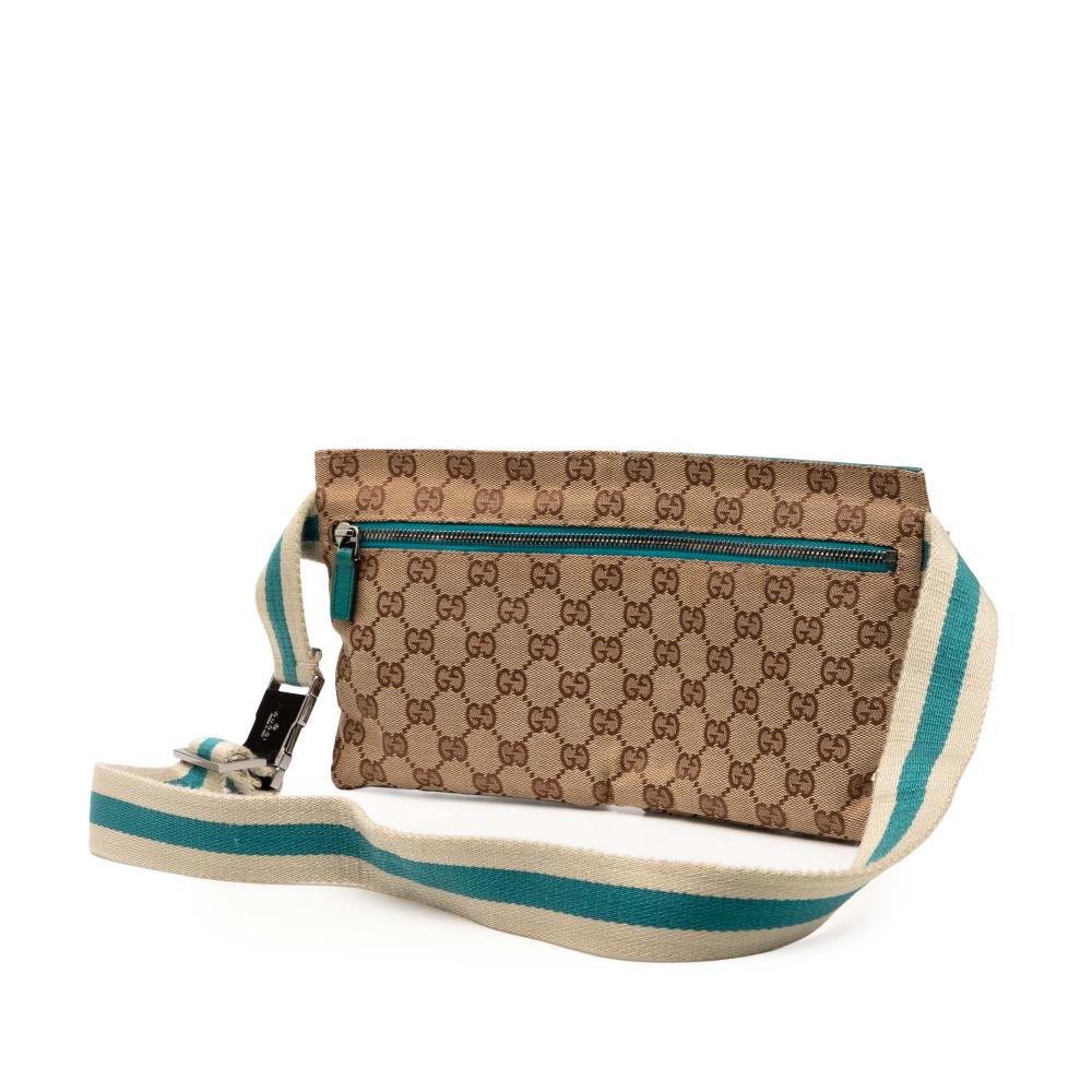 Gucci B Gucci Brown Beige with Blue Aqua Canvas Fabric GG Web Double Pocket Belt Bag Italy