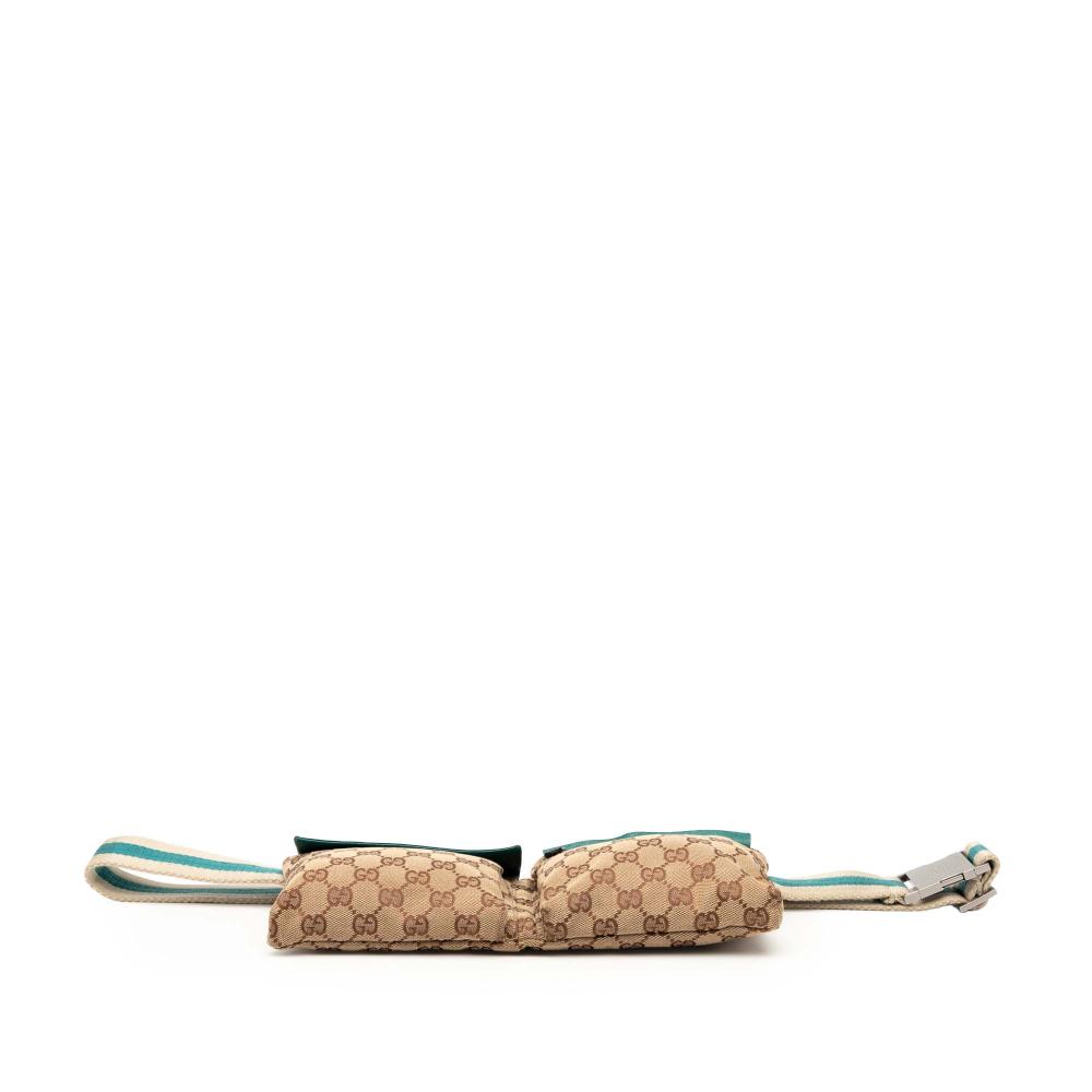 Gucci B Gucci Brown Beige with Blue Aqua Canvas Fabric GG Web Double Pocket Belt Bag Italy