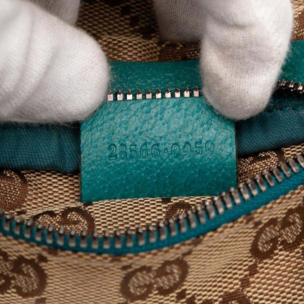 Gucci B Gucci Brown Beige with Blue Aqua Canvas Fabric GG Web Double Pocket Belt Bag Italy