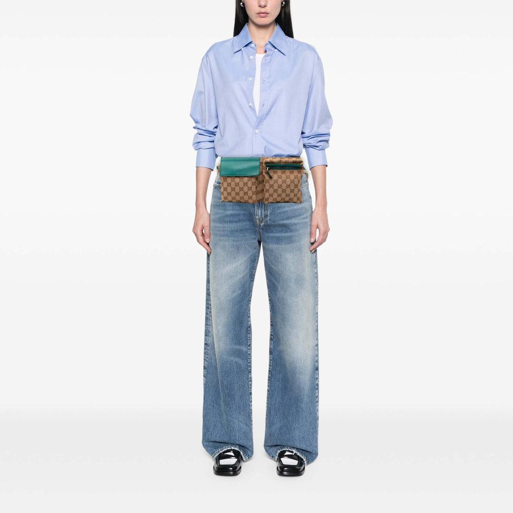 Gucci B Gucci Brown Beige with Blue Aqua Canvas Fabric GG Web Double Pocket Belt Bag Italy