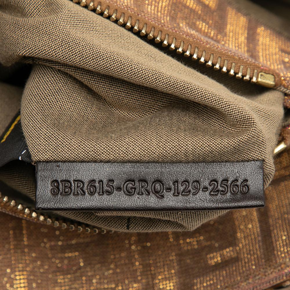 Fendi B Fendi Brown Beige Polyester Fabric Small Zucca Metallic Lurex Mia Chain Tote Italy