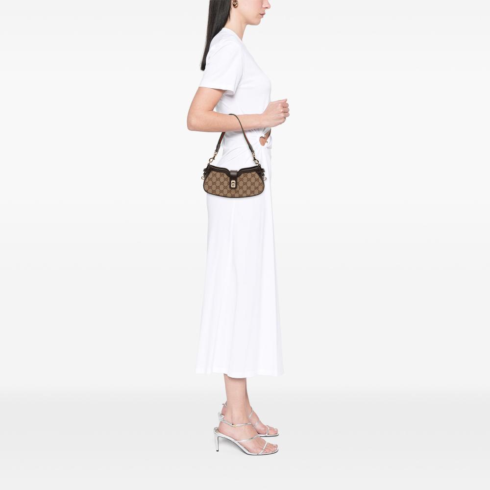 Gucci AB Gucci Brown Beige Coated Canvas Fabric Mini GG Supreme Moon Side Web Shoulder Bag Italy