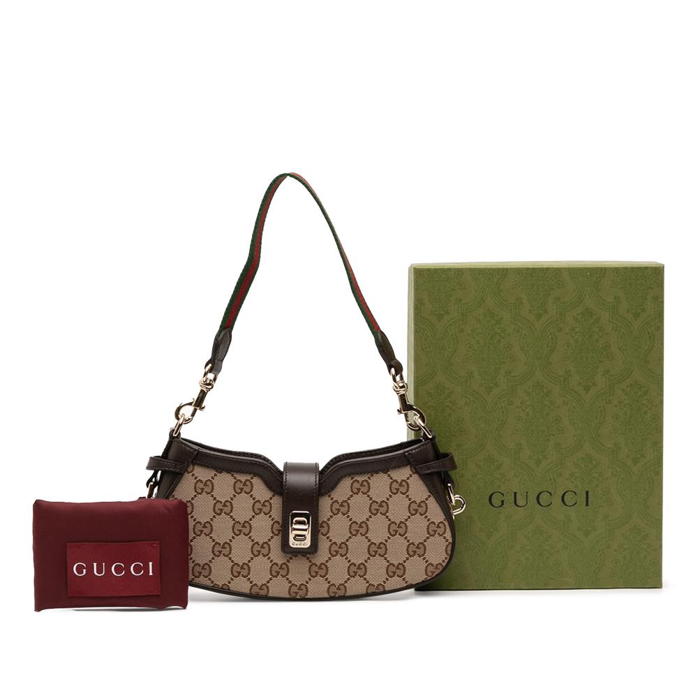 Gucci AB Gucci Brown Beige Coated Canvas Fabric Mini GG Supreme Moon Side Web Shoulder Bag Italy