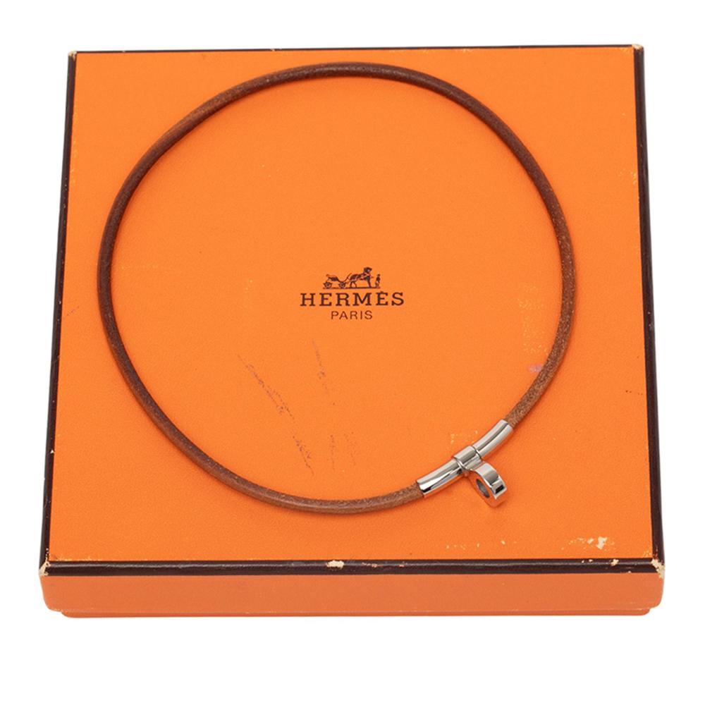 Hermès B Hermès Brown with Silver Calf Leather Kite Choker Necklace France