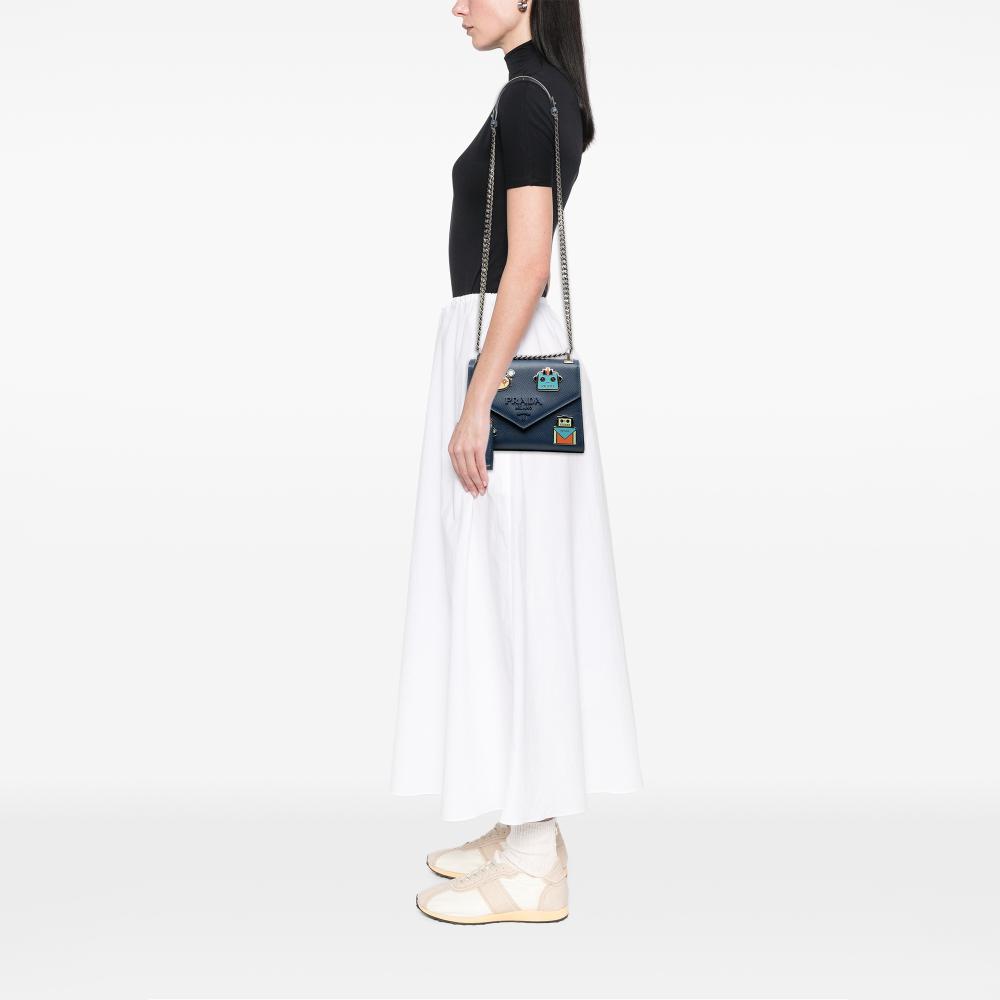 Prada AB Prada Blue Saffiano Leather Cuir Monochrome Robot Patches Envelope Chain Flap Italy
