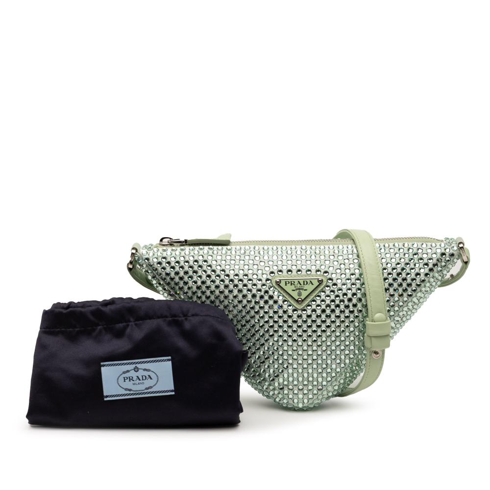 Prada AB Prada Green Mint Satin Fabric Crystal Embellished Triangle Pouch Italy