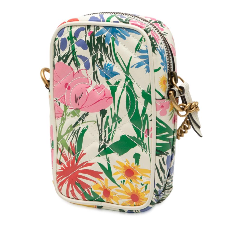 Gucci AB Gucci White Calf Leather Mini GG Marmont Floral Printed Matelasse Crossbody Italy