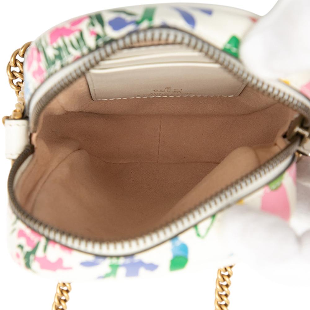 Gucci AB Gucci White Calf Leather Mini GG Marmont Floral Printed Matelasse Crossbody Italy