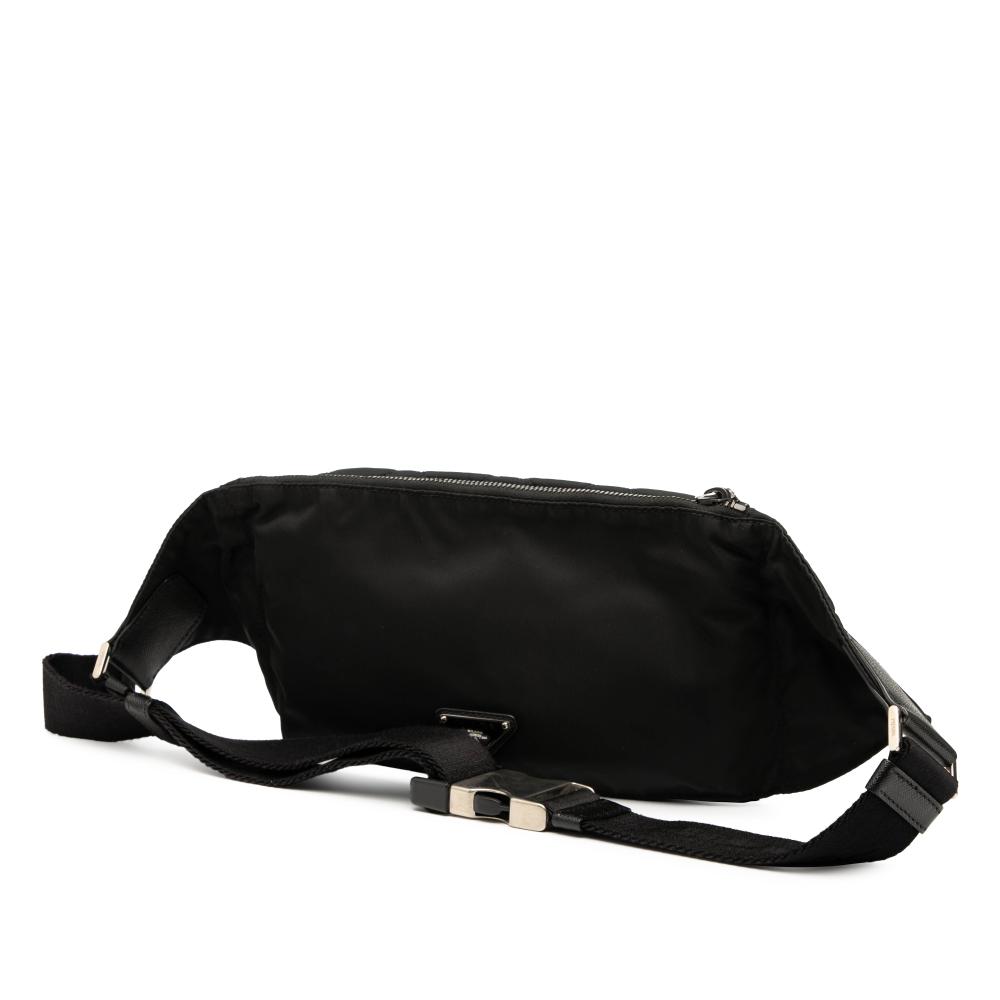 Prada AB Prada Black Nylon Fabric Saffiano Trimmed Impuntu Tessuto and Fur Double Buckle Belt Bag Italy