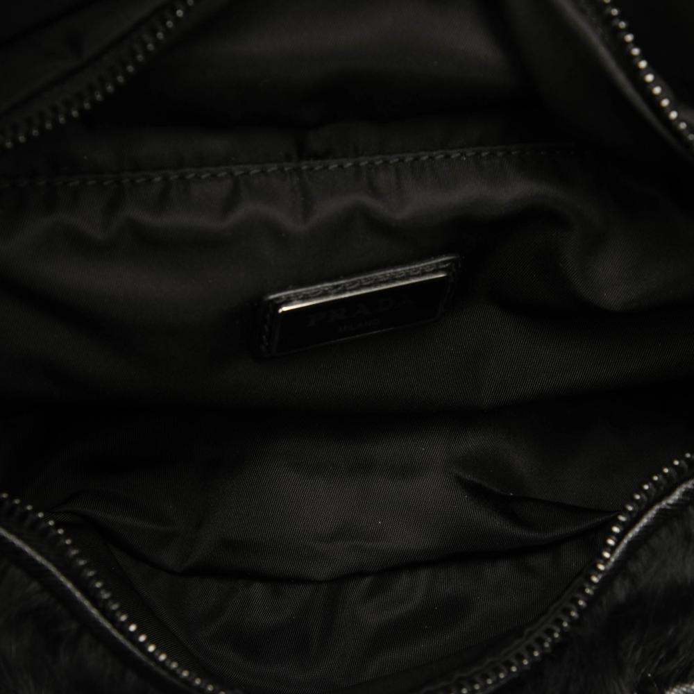 Prada AB Prada Black Nylon Fabric Saffiano Trimmed Impuntu Tessuto and Fur Double Buckle Belt Bag Italy
