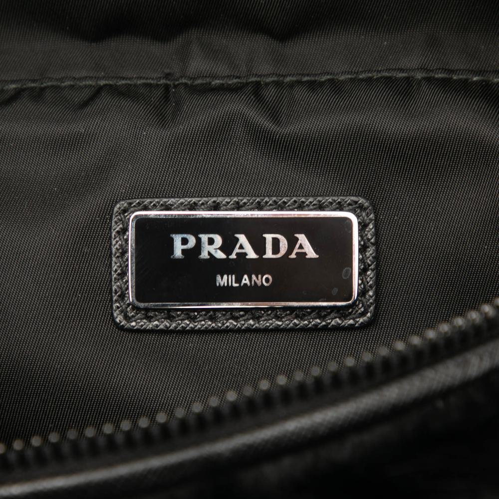 Prada AB Prada Black Nylon Fabric Saffiano Trimmed Impuntu Tessuto and Fur Double Buckle Belt Bag Italy