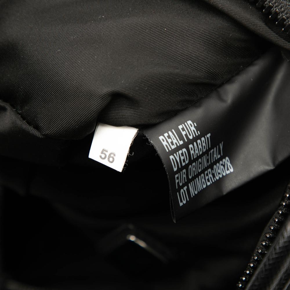 Prada AB Prada Black Nylon Fabric Saffiano Trimmed Impuntu Tessuto and Fur Double Buckle Belt Bag Italy