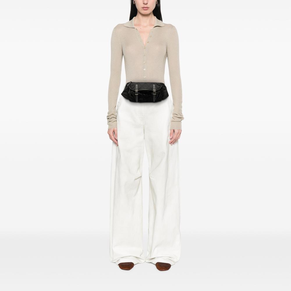 Prada AB Prada Black Nylon Fabric Saffiano Trimmed Impuntu Tessuto and Fur Double Buckle Belt Bag Italy