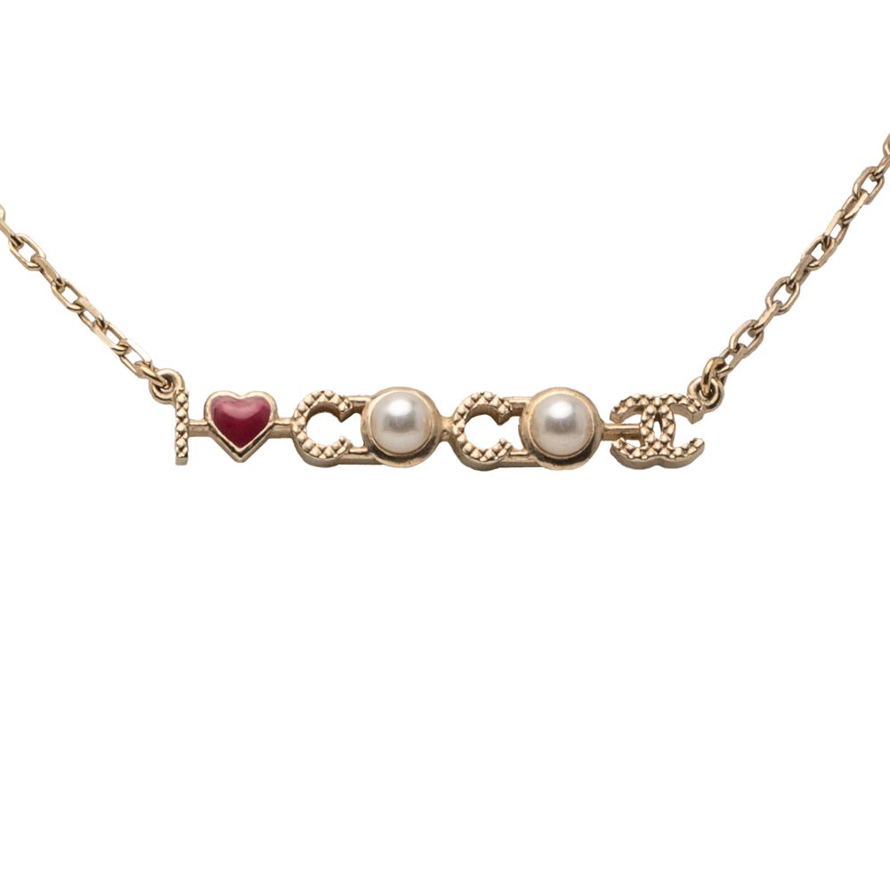 Chanel AB Chanel Gold Gold Plated Metal I Love You Coco Faux Pearl Pendant Necklace France