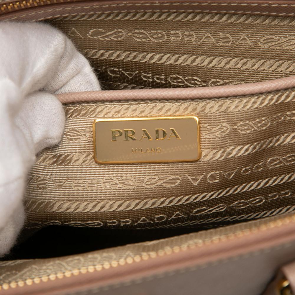 Prada B Prada Brown Beige Saffiano Leather Medium Lux Galleria Double Zip Satchel Italy