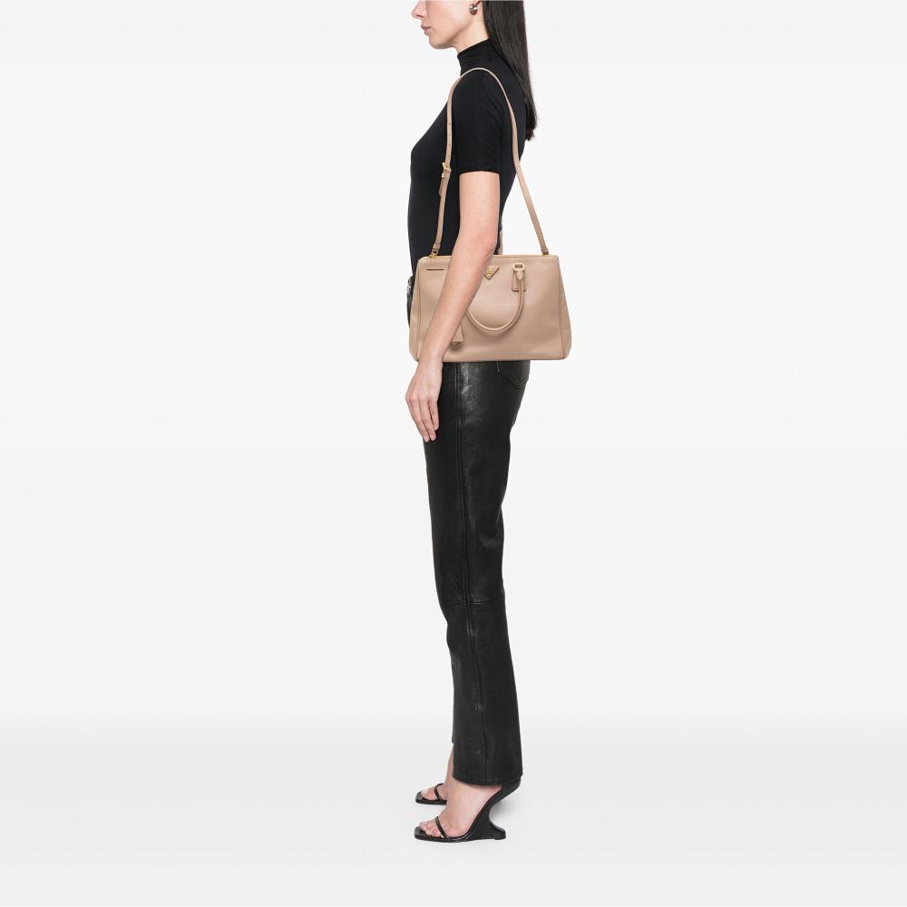 Prada B Prada Brown Beige Saffiano Leather Medium Lux Galleria Double Zip Satchel Italy