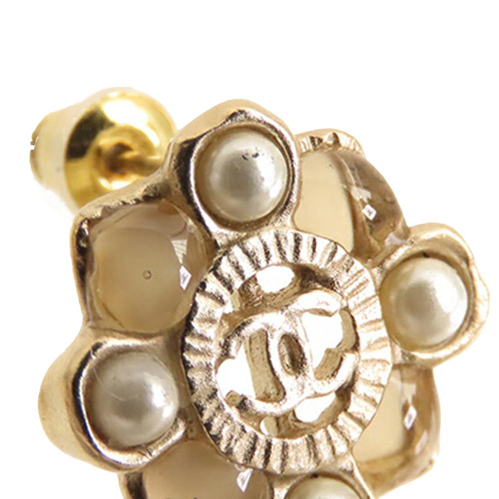 Chanel AB Chanel Gold Gold Plated Metal CC Resin and Faux Pearl Push Back Earrings France