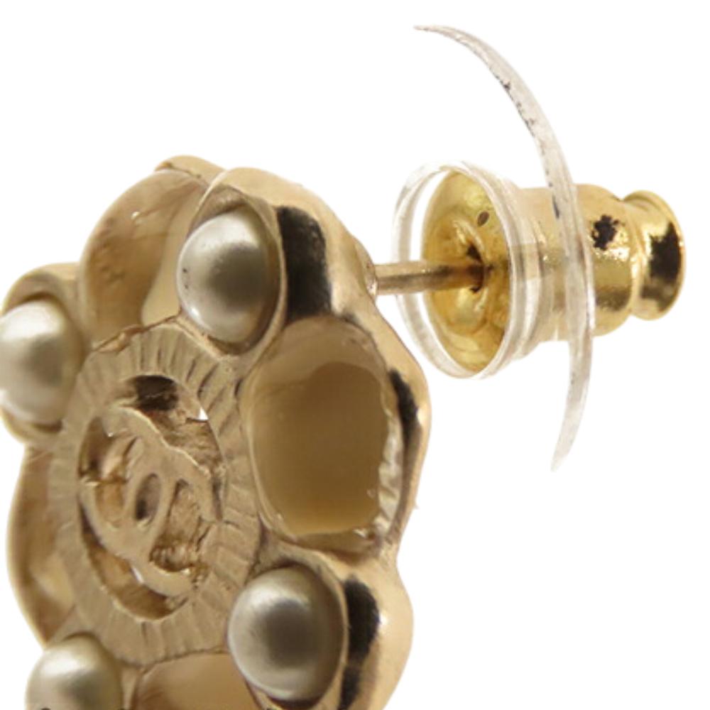 Chanel AB Chanel Gold Gold Plated Metal CC Resin and Faux Pearl Push Back Earrings France