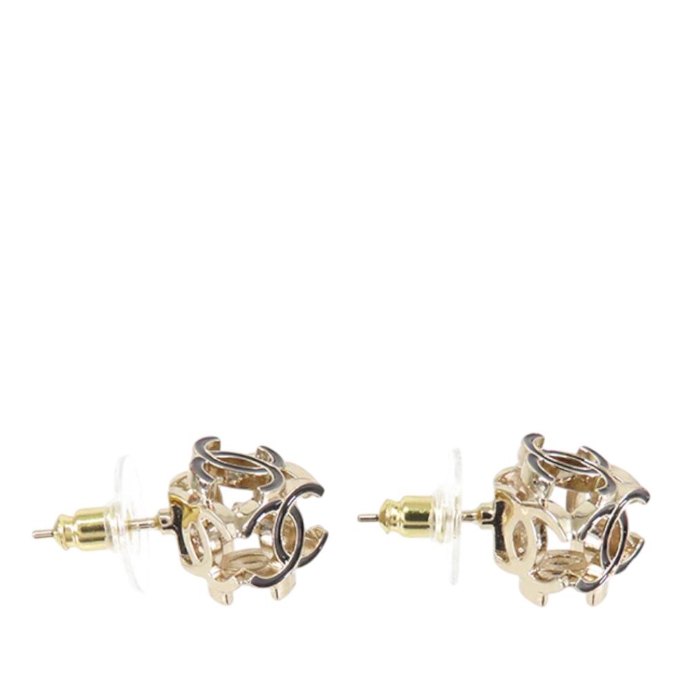 Chanel AB Chanel Gold Light Gold Gold Plated Metal CC Enamel Cube Logo Push Back Earrings France