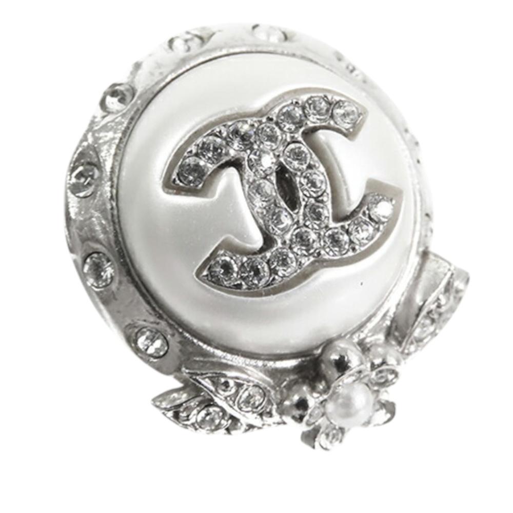 Chanel AB Chanel Silver Silver Plated Metal CC Crystal and Faux Pearl Push Back Earrings France