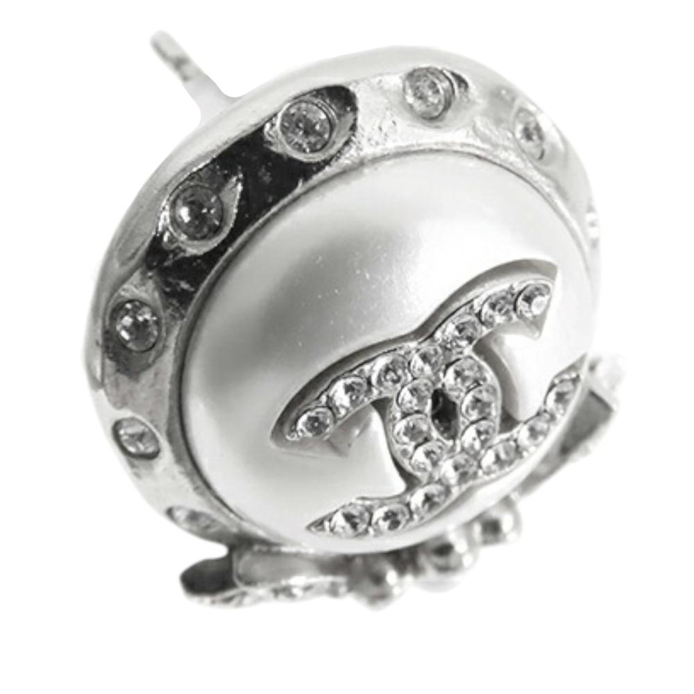 Chanel AB Chanel Silver Silver Plated Metal CC Crystal and Faux Pearl Push Back Earrings France