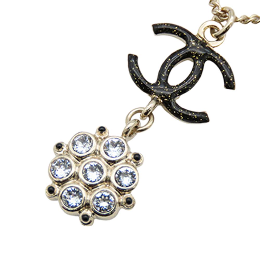 Chanel AB Chanel Gold with Black Gold Plated Metal Enamel CC and Rhinestones Flower Pendant Necklace Italy