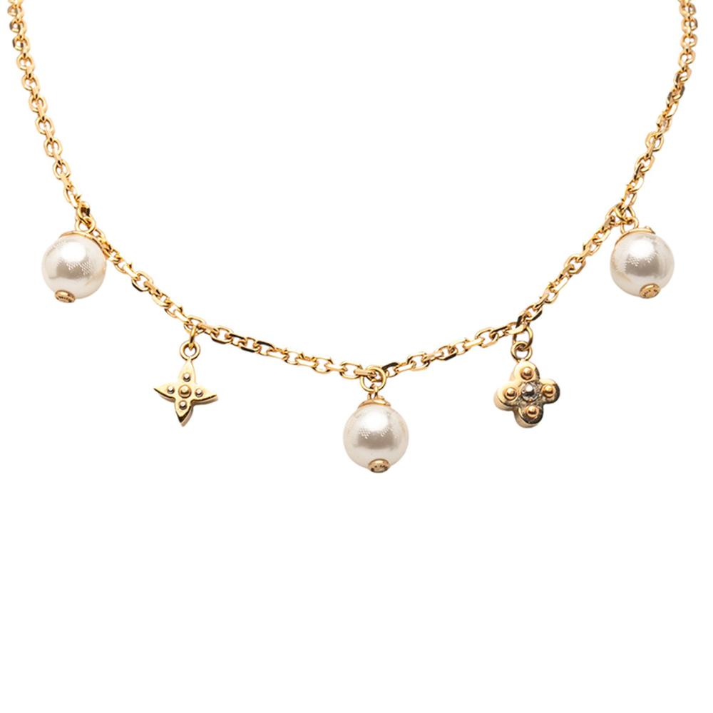 Louis Vuitton AB Louis Vuitton Gold Gold Plated Metal Charmy Pearl Necklace Italy