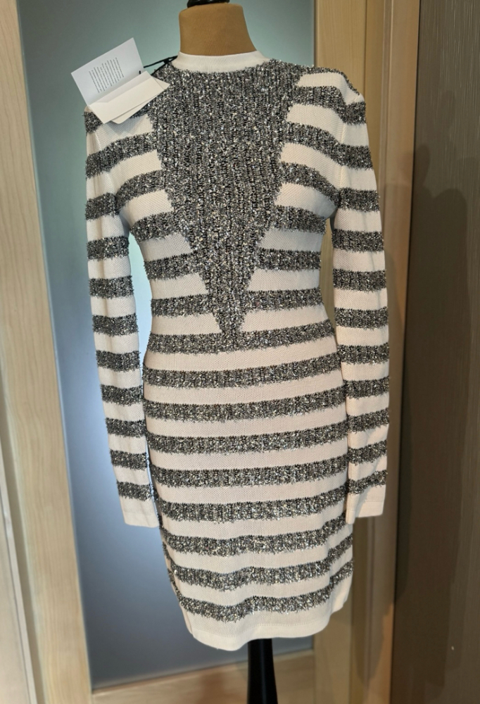 Balmain Striped Tinsel And Open-knit Mini Dress