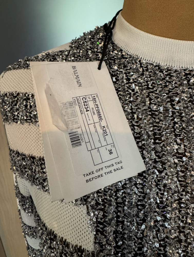 Balmain Striped Tinsel And Open-knit Mini Dress