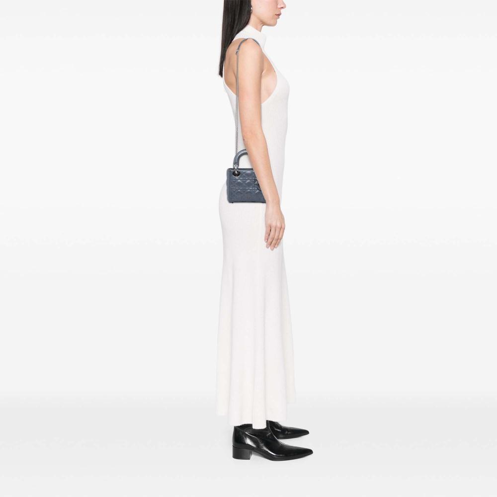 Christian Dior B Dior Blue Lambskin Leather Leather Mini Iridescent Lambskin Cannage Lady Dior Italy