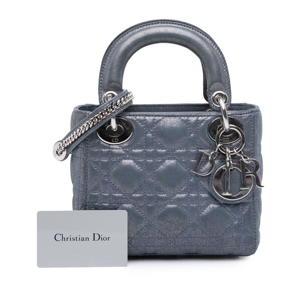 Christian Dior B Dior Blue Lambskin Leather Leather Mini Iridescent Lambskin Cannage Lady Dior Italy